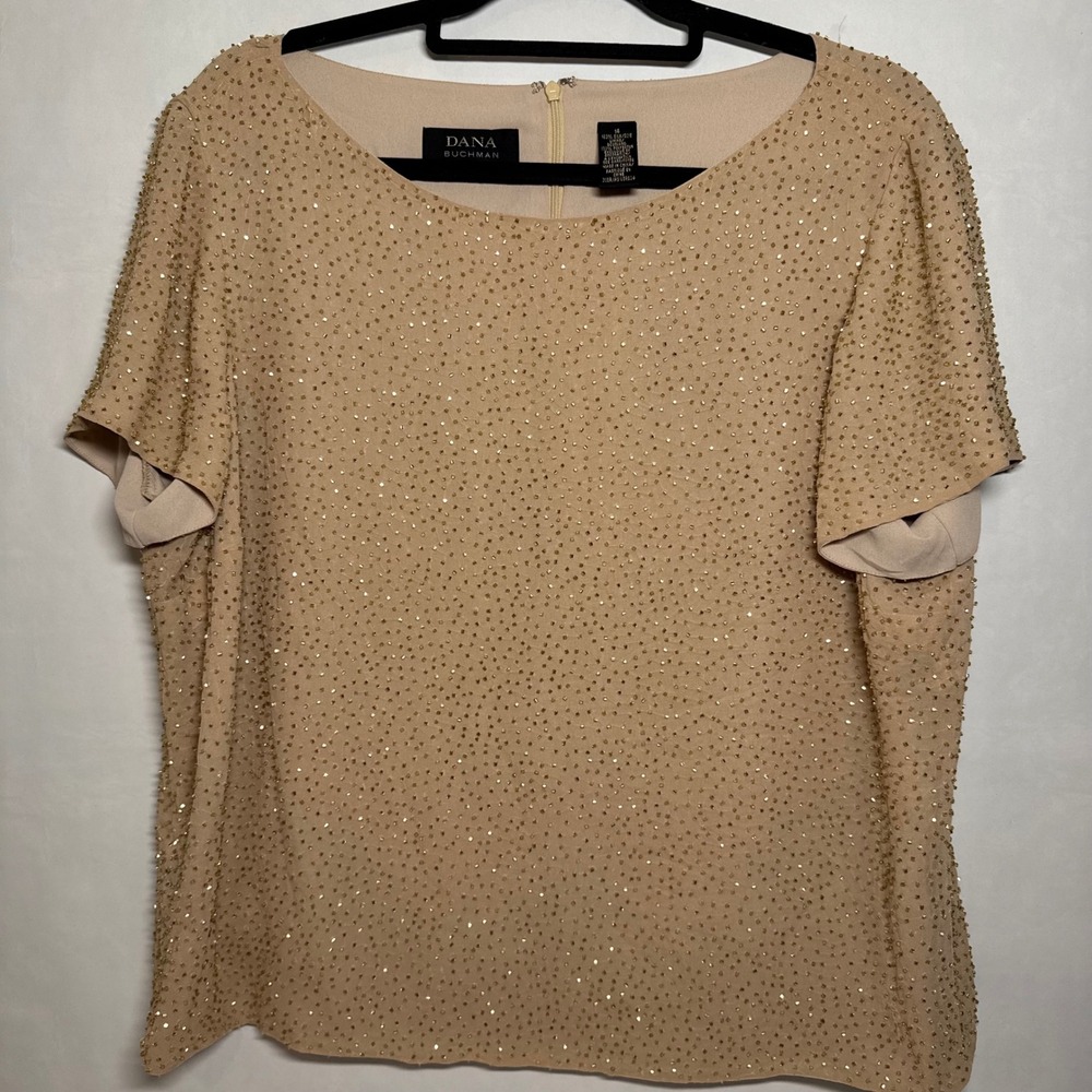 Y2k Vtg Silk Dana Buchman Embellished Beaded‎ Top Champagne Size 14 Whimsy Fairy